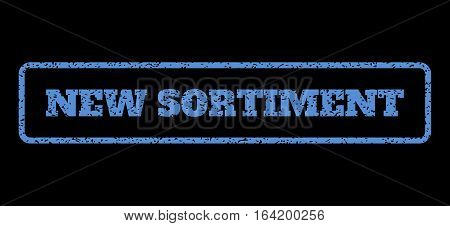 Blue rubber seal stamp with New Sortiment text. Vector tag inside rounded rectangular shape. Grunge design and dust texture for watermark labels. Horisontal emblem on a black background.