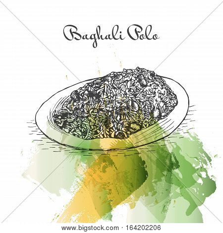 Baghali Polo watercolor effect illustration. Vector illustration of Persian cuisine.