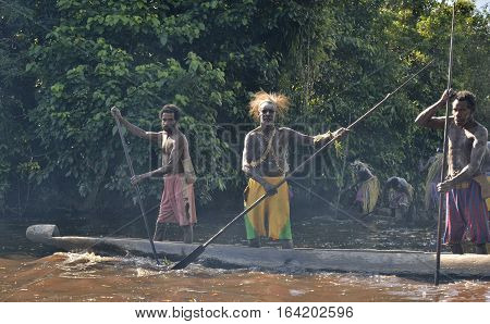 Indonesia, Irian Jaya, Asmat Province, Jow Village - June 23: Canoe War Ceremony Of Asmat People. He