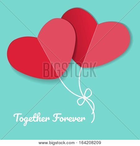 two paper red hearts on sweet green background, vector illustration