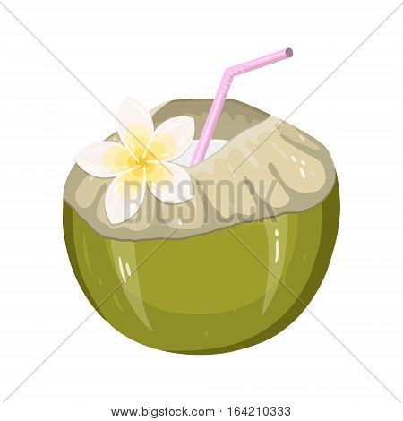 Coconut Water Drink. Green fresh drinking coconut with a straw and a frangipani flower isolated on white background