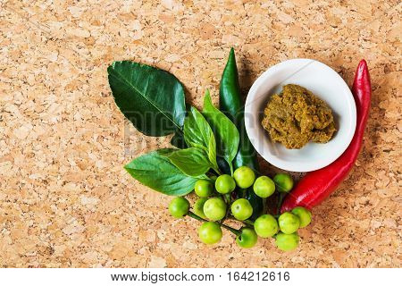Thai green curry paste and vegetable prepare for cooking top-view Thailand