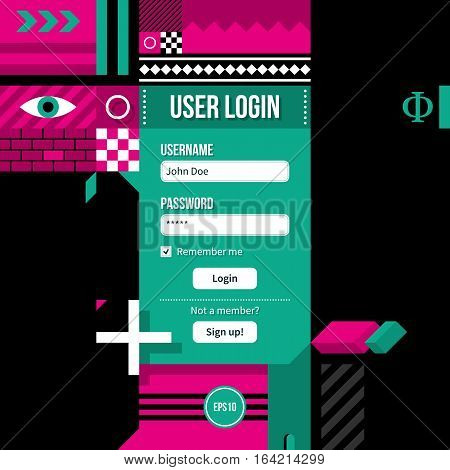 Web Site Login Form In Weird Geometric Style With Abstract Shapes And Flashy Colors. Eps10 Vector Te