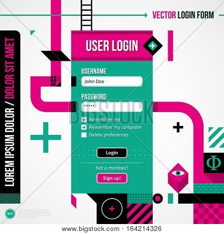 Web Site Login Form In Weird Geometric Style With Abstract Shapes And Flashy Colors. Eps10 Vector Te