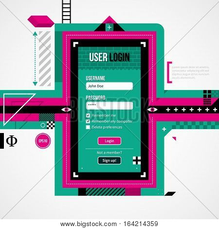 Web Site Login Form In Weird Geometric Style With Abstract Shapes And Flashy Colors. Eps10 Vector Te