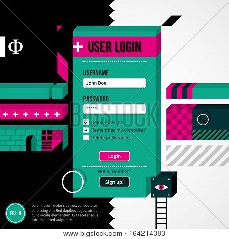 Web Site Login Form In Weird Geometric Style With Abstract Shapes And Flashy Colors. Eps10 Vector Te