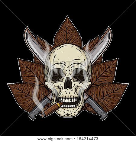 Human skull with a cigar and crossed machetes