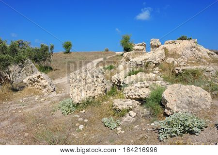 Remnants of the Crusader structures in the park of Ashkelon in Israel