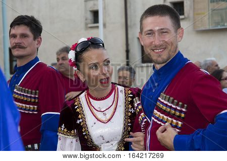 QUARTU S.E., ITALY - July 14, 2012: International Folklore Festival - 26 ^ Sciampitta - Sardinia - Parade of folk group Stavrapol from Russia