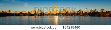 Sunrise on the Upper West Side with view of Jacqueline Kennedy Onassis Reservoir and Central Park in Fall. Manhattan New York City