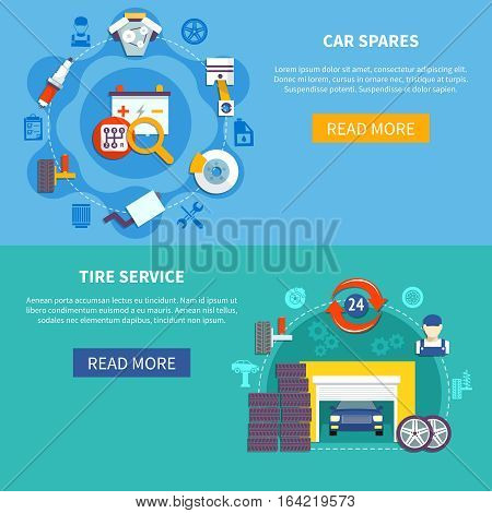 Auto service two horizontal banners with tire service and car spares decorative icons compositions flat vector illustration