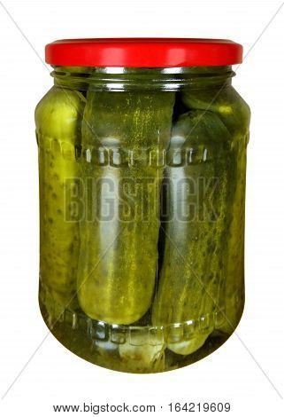 Pickled cucumbers in a glass jar isolated on white background. Clipping path included