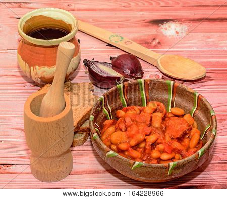 Romanian Traditional Food, Beans With Smoked Pork (fasole Cu Ciolan), Red Onion, Wooden Spoon, Salt