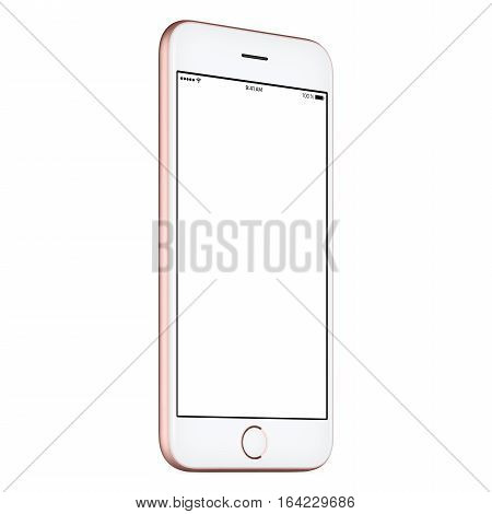 Pink mobile smart phone mock up slightly counterclockwise rotated with blank screen isolated on white background. You can use this smartphone mock-up for your web project or UI design presentation.