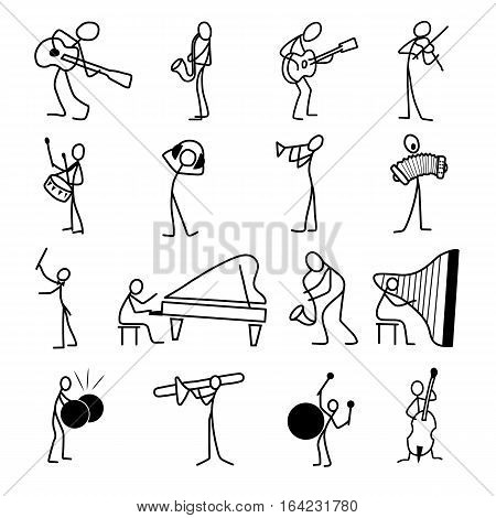 Cartoon icons set of sketch stick musician figures vector people in cute miniature scenes.
