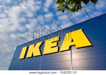June 22, 2016, Copenhagen, Denmark, IKEA building with logo against blue sky in the late afternoon sunshine. Denmarks largest IKEA warehouse on 37.000 m2.
