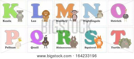 Alphabet Zoo funny plush animals. English alphabet letters with K on T. Vector cartoon