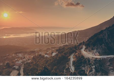 Aerial view on Split cityscape from Klis fortress in sunset, Croatia travel destinations.