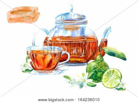 Glass cup and teapot of a bergamot tea. Hot drink image. Watercolor hand drawn illustration.