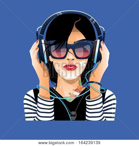 Lady in glasses with earphones listen to music