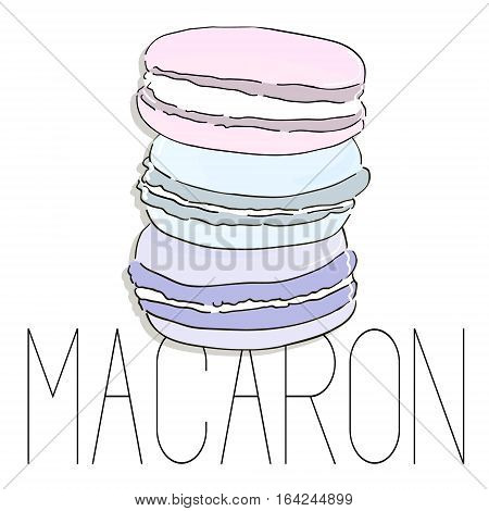 Vector french macarons, fashion art image illustration. Delicious watercolor dessert with typography. Paris sweet snack. Food tasty bakery biscuit pink violet blue