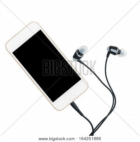 MP3 digital music player built into smartphone or mobile phone with earbuds isolated against a white background