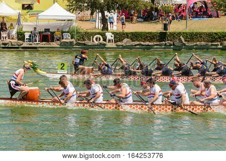 Rome Italy - July 30 2016: Dragon boat crews compete at the european championships held in Italy in 2016 summer England and Spain crews during the race