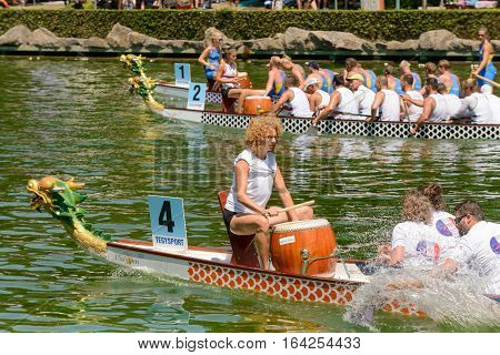 Rome Italy - July 30 2016: Dragon boat crews compete at the european championships held in Italy in 2016 summer