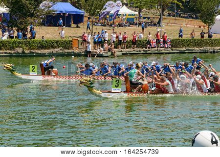 Rome Italy - July 30 2016: Dragon boat crews compete at the european championships held in Italy in 2016 summer Italy vs Hungary race