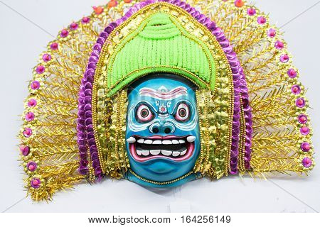 Colorful Chhau mask handicrafts on display during the Handicraft Fair in Kolkata earlier Calcutta West Bengal India. It is the biggest handicrafts fair in Asia.