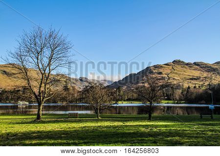 Mountains over the Brathay bay in Ambelside, CUmbria