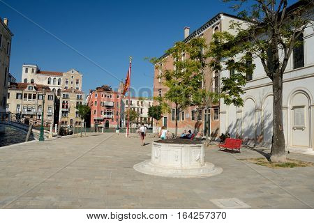 Venice Italy - September 9 2016: Campo S. Vio square at Grand Canal in Venice Italy. Unidentified people visible.
