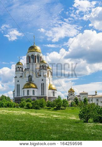 View of Church on Blood in Honor of All Saints Resplendent in the Russian Land Yekaterinburg. Summer view with clouds and sky