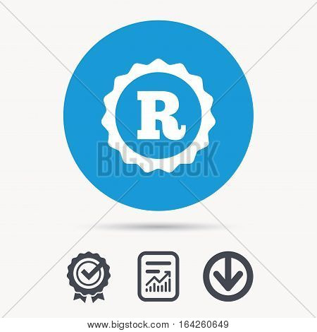 Registered trademark icon. Intellectual work protection symbol. Achievement check, download and report file signs. Circle button with web icon. Vector