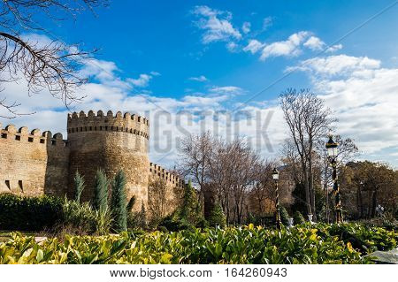 Baku, Azerbaijan. View on the one of the central parks of the city, located around the old town - Icheri Sheher.