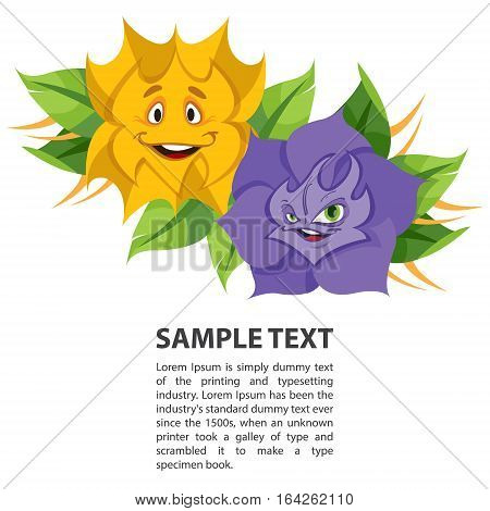 Fabled flowers smiling and talking. Template with space for text design.