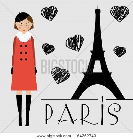 Cute kawaii happy girl in red coat and beret and Eiffel tower silhouette vector illustration. Love Paris concept
