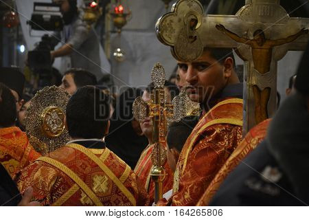 Bethlehem, Palestine. January 7Th 2017: Orthodox Christmas Midnight Mass At The Church Of Nativity I