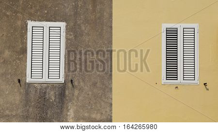 Wall with wooden windows as a background