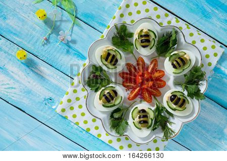 Breakfast Or Lunch For Children - Hard Boiled Egg Bee. Merry Easter Meal For The Children. Top View