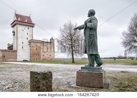 NARVA, ESTONIA - JANUARY 2, 2017: Vladimir Lenin Monument in the courtyard of Hermann Castle Museum. It was brought from Peter Square in 90s