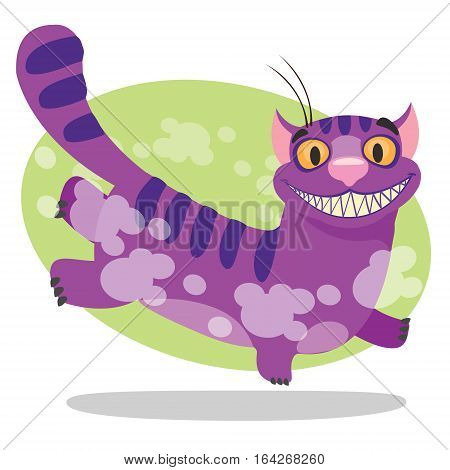 Cheshire Cat. Illustration to the fairy tale Alice's Adventures in Wonderland. Purple cat with a big smile runs.