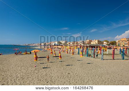 Lido di Ostia ITALY - September 14 2016: Boy is playing with ball on the beautiful beach Lido di Ostia ( Lido di Roma) Italy.