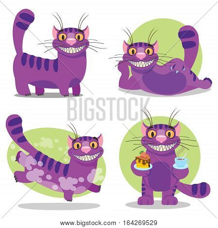 Cheshire Cat. Illustration to the fairy tale Alice's Adventures in Wonderland. Purple cat with a big smile.