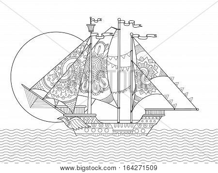 Sailing ship drawing coloring book for adults vector illustration. Anti-stress coloring for adult. Zentangle style. Black and white lines. Lace pattern