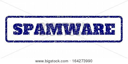 Navy Blue rubber seal stamp with Spamware text. Vector message inside rounded rectangular banner. Grunge design and dirty texture for watermark labels. Horisontal emblem on a white background.