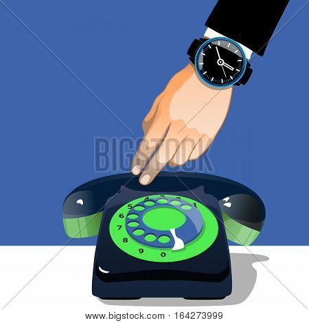 Hand holding an old  black telephone.Vector illustration
