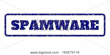 Navy Blue rubber seal stamp with Spamware text. Vector message inside rounded rectangular banner. Grunge design and dirty texture for watermark labels. Horisontal emblem on a white background.