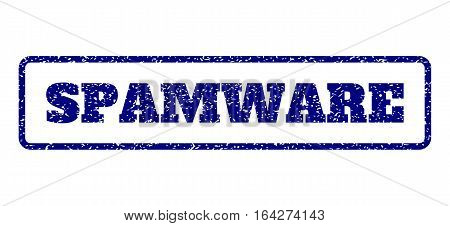 Navy Blue rubber seal stamp with Spamware text. Vector message inside rounded rectangular banner. Grunge design and dirty texture for watermark labels. Horisontal emblem on a white background.