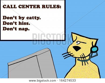 Color business cartoon about a customer service rep cat looking at the call center rules.